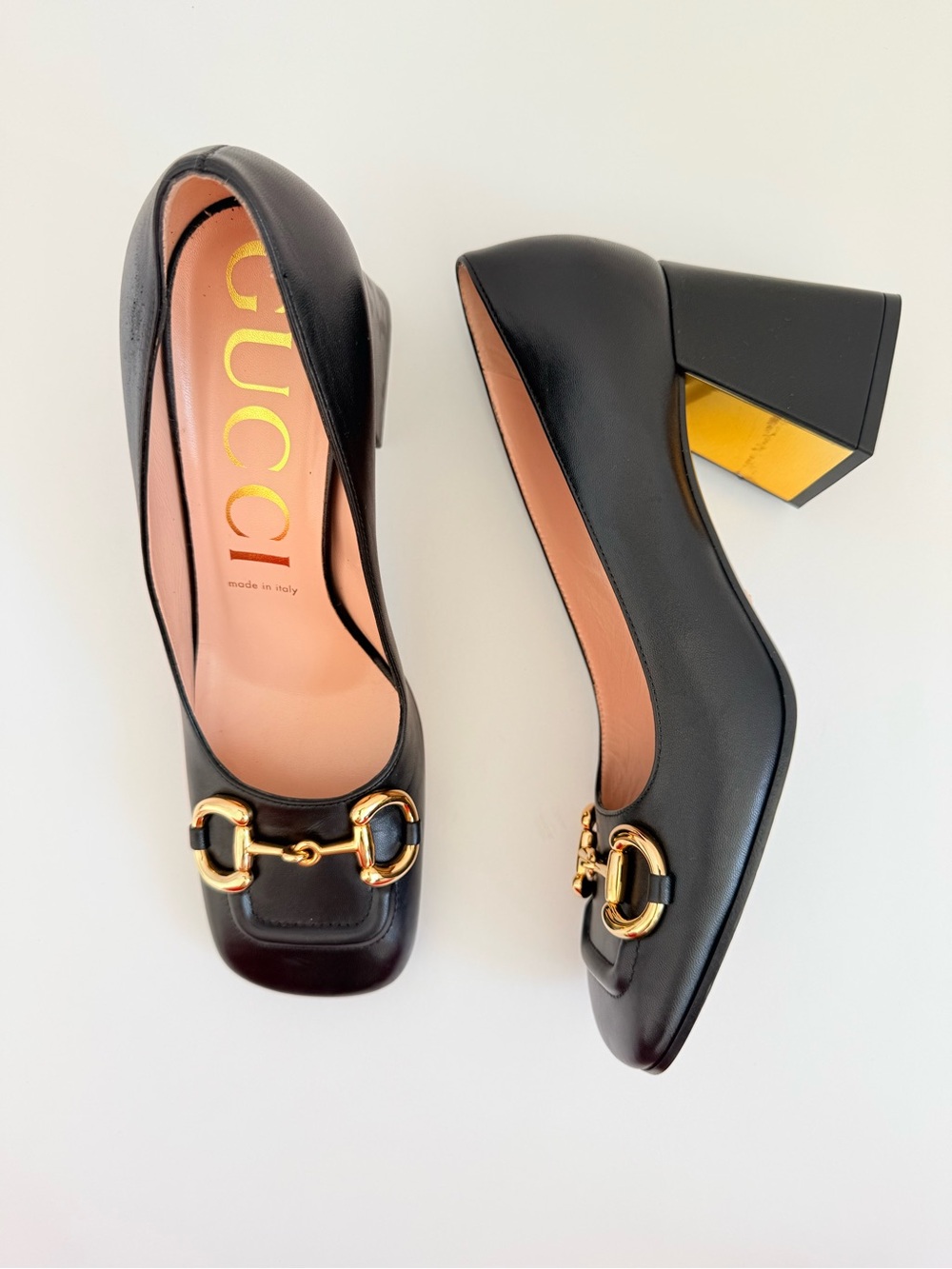Gucci baby Horsebit 75mm Black Leather Block Heel Pumps 39.5 Style 643886